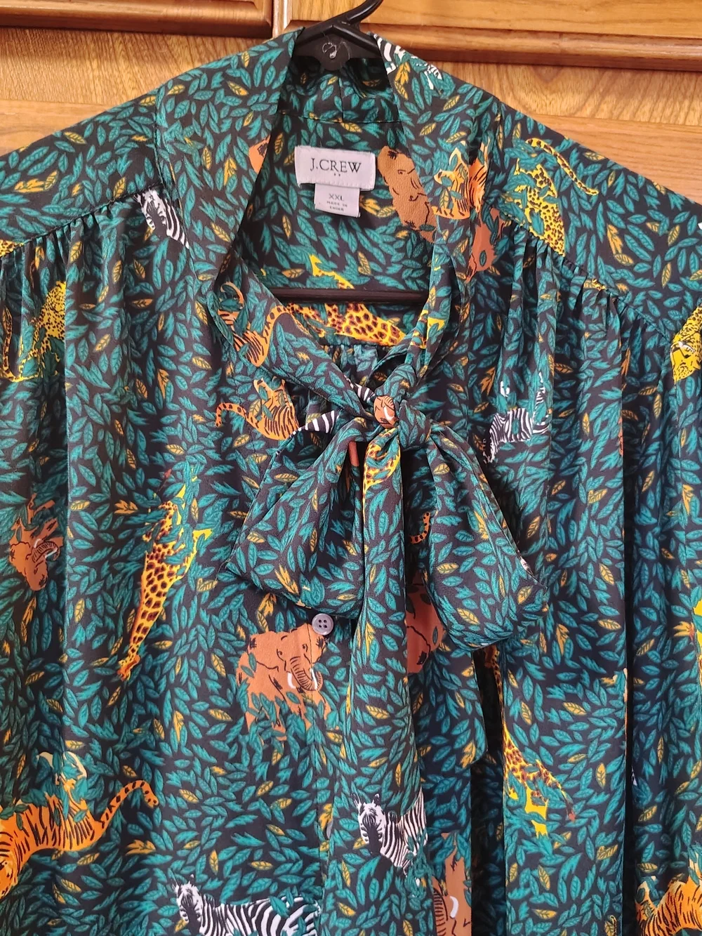 J. Crew Blouse Womens XXL Green Jungle Animal-Print Tie-Neck Giraffe Tiger Zebra